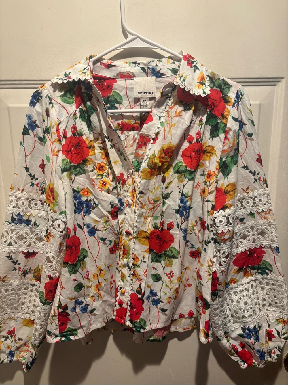 INDUSTRY Floral Lace-Trim White Blouse with Red & Multi Flower Print